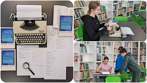 Zdjęcie składające się z trzech obrazów. 1 Na szarym stoliku znajdują się: maszyna do pisania, rozłożone kartki z tekstem, lupa oraz trzy książki z niebieską okładką. 2. Uczennica ubrana na czarno, siedząca w bibliotece przy stoliku, pisząca na maszynie do pisania. W tle biale regały z kolorowymi książkami. 3 Uczennica, ubrana na różowo, siedząca w bibliotece przy stoliku, pisząca na maszynie do pisania. W tle biale regały z kolorowymi książkami.