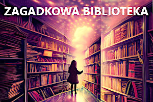 Regały biblioteczne, pomiędzy którymi stoi dziewczynka. Za nią, spomiędzy regałów dobiega jaskrawe światło. Powyżej rozbłyskują światła. Obraz w kolorystyce fioletów.