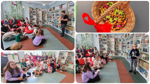 Obraz składający się z 4 zdjęć: Trzy zdjęcia przedstawiają uczniów siedzących w bibliotece szkolnej na czerwonych kanapach i pufach oraz ucznia stojącego na tle białych regałów z kolorowymi książkami. Jedno zdjęcie przedstawia wiklinowy koszyk z kolorowymi cukierkami, postawiony na szarym stoliku.