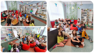 Obraz składający się z trzech zdjęć: na każdym ze zdjęć uczniowie siedzący na czerwonych pufach i kanapach w bibliotece szkolnej. Przed nimi uczeń rysujący na białej kartce na sztaludze.